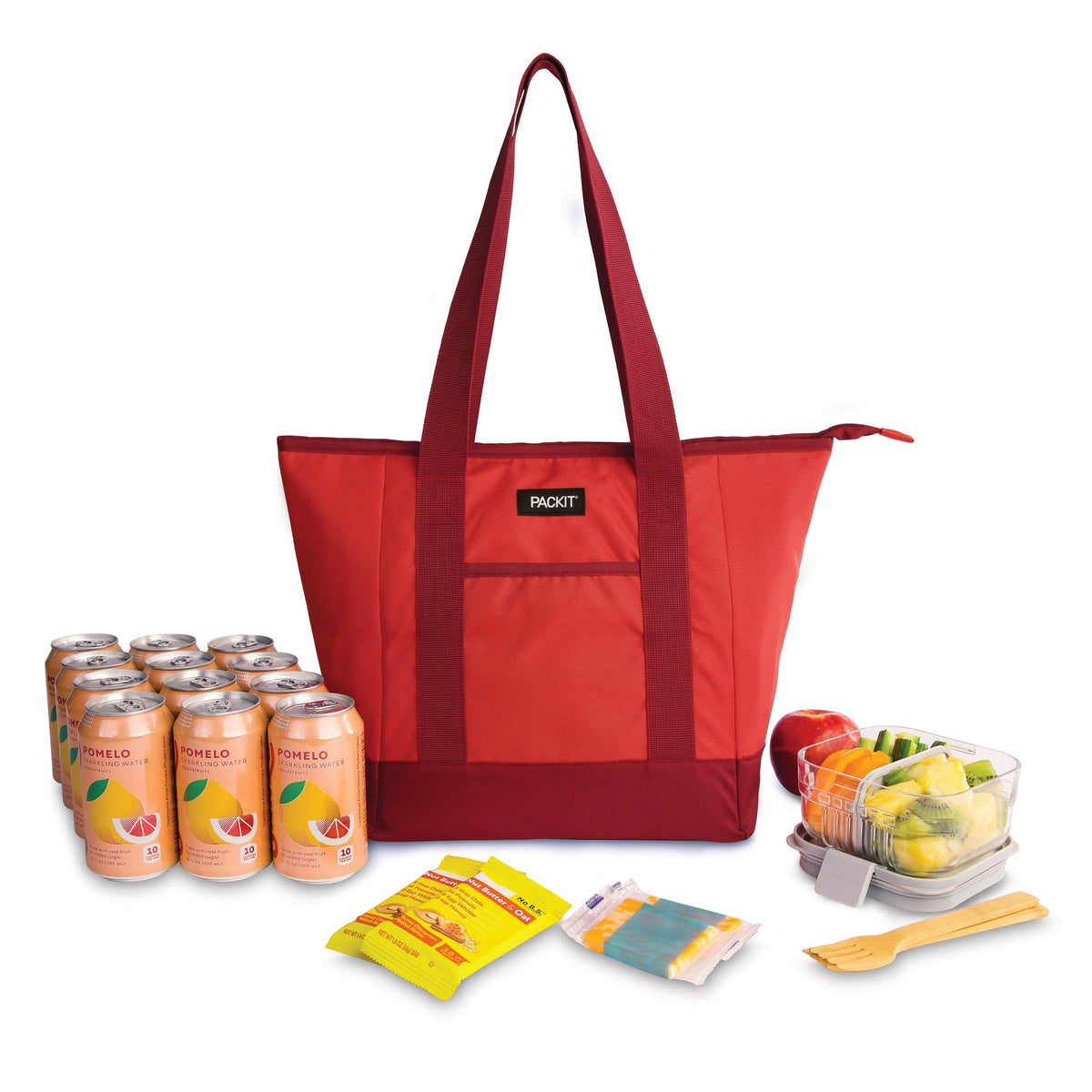 freezable-12-can-tote-cooler-i9 freezable-12-can-tote-cooler-poppy-front-food-combo.jpg