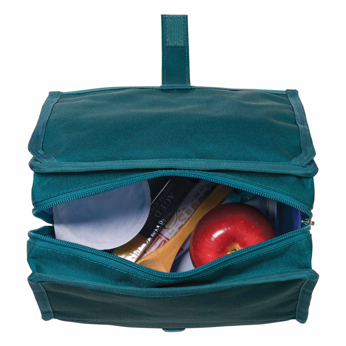 freezable-lunch-bag-t3 freezable-lunch-bag-deep-teal-top-view-packed.jpg